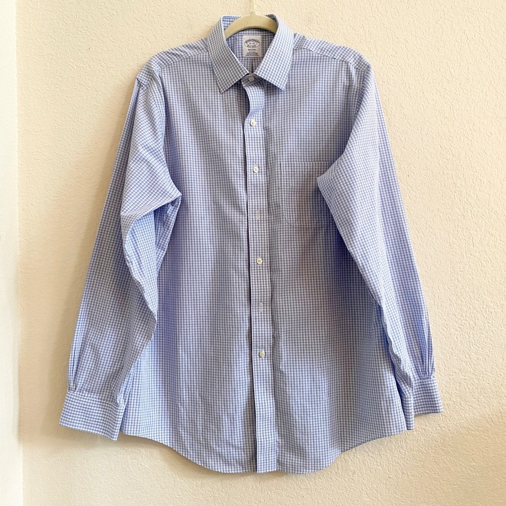 Brooks Brothers Regent Non‎ Iron Plaid Dress Shirt Blue White 16 35 100% Cotton